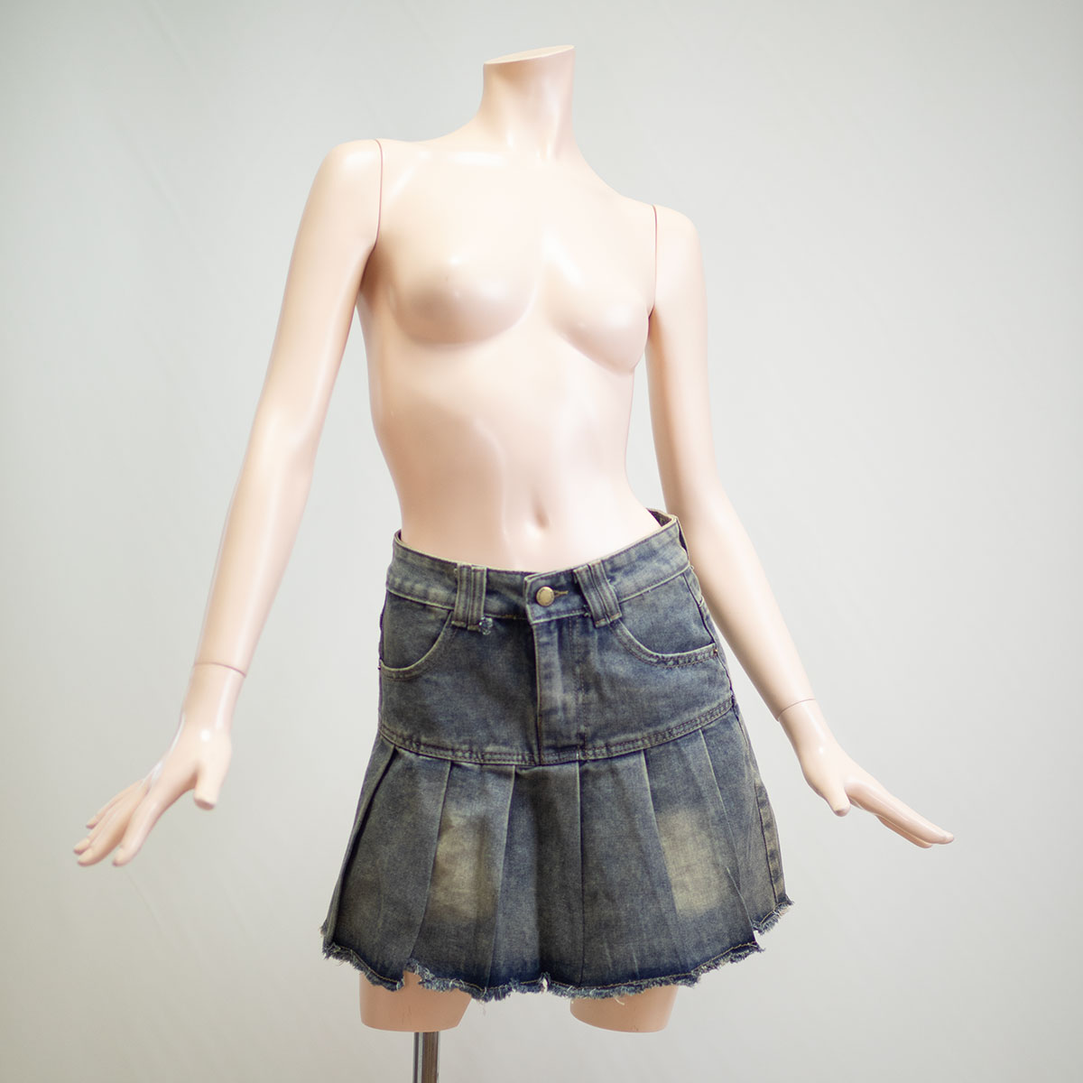 ヴィンテージフリンジデザインデニムミニスカート、レディース、ハイウエスト、ユーズド加工