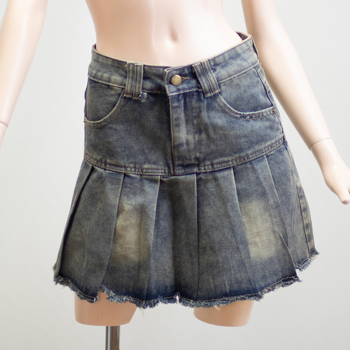 ヴィンテージフリンジデザインデニムミニスカート、レディース、ハイウエスト、ユーズド加工