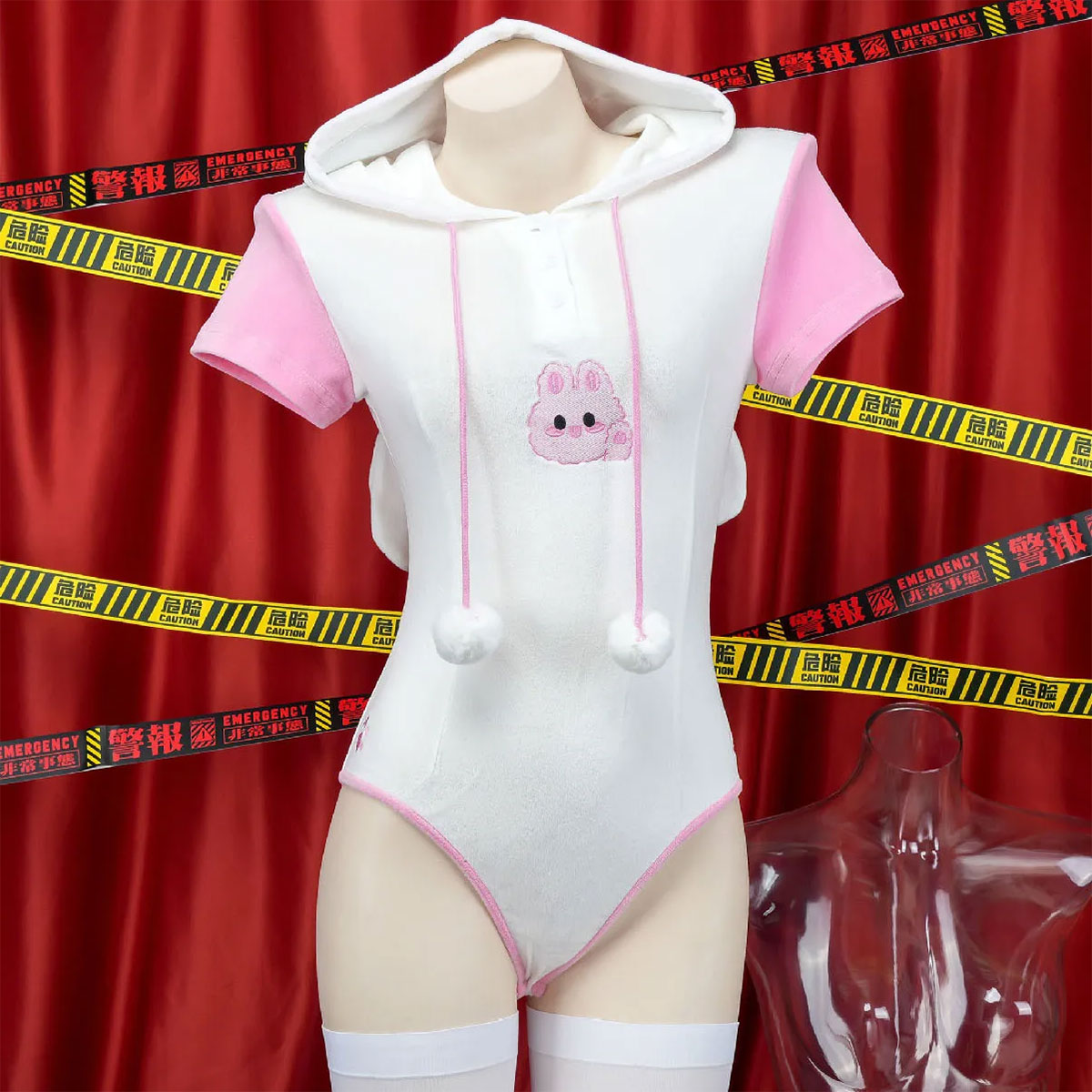 うさ耳フードボディスーツうさぎデザインの可愛いピンクのルームウェアふわかわコスプレ衣装