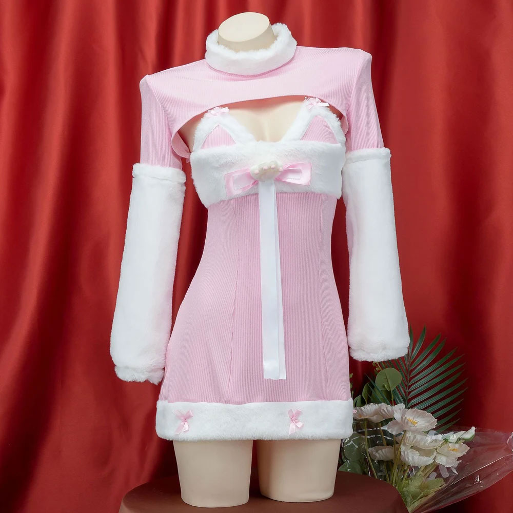 ファー付きカットアウトワンピース／ピンクふわかわ猫ランジェリーコスプレ衣装